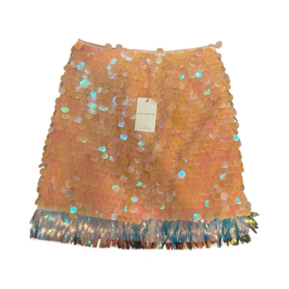 Skies Are Blue Sequin Mini Skirt XS – Iridescent Fringe Hem Party Statement - Picture 3 of 3